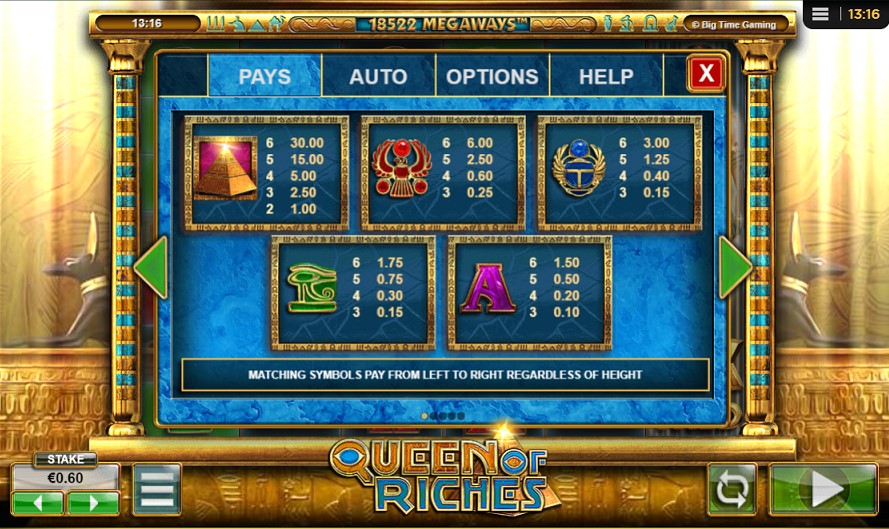 Paytable of Queen Of Riches