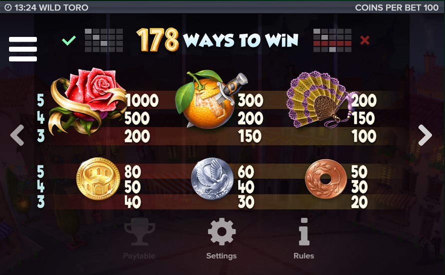 Paytable of wild toro