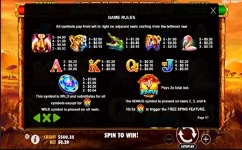 Paytable of Great Rhino
