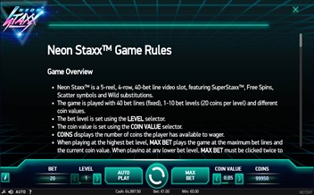 Paytable of Neon Staxx