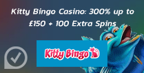 300% up to £150 + 100 Extra Spins at Kitty Bingo