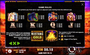 Paytable of Mustang Gold
